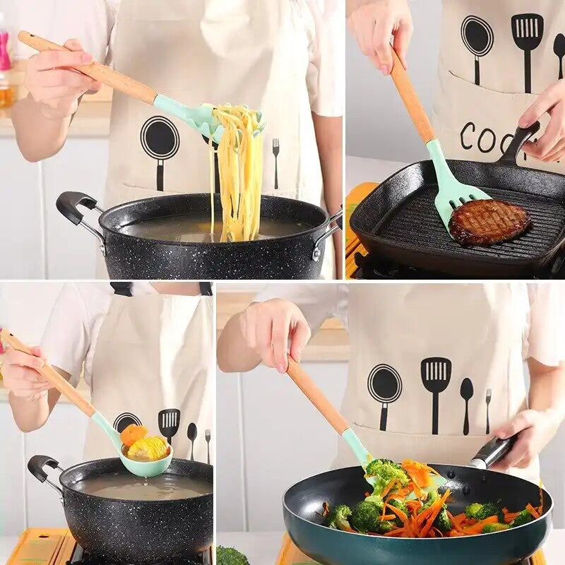 Professional Silicone Kitchen Utensils with Wooden Handle 