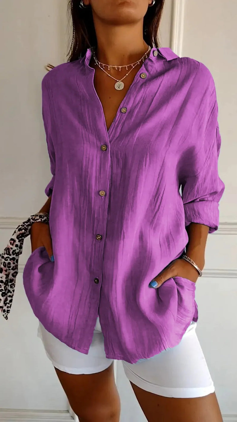 Long-sleeved shirt with lapel and single-button pleats