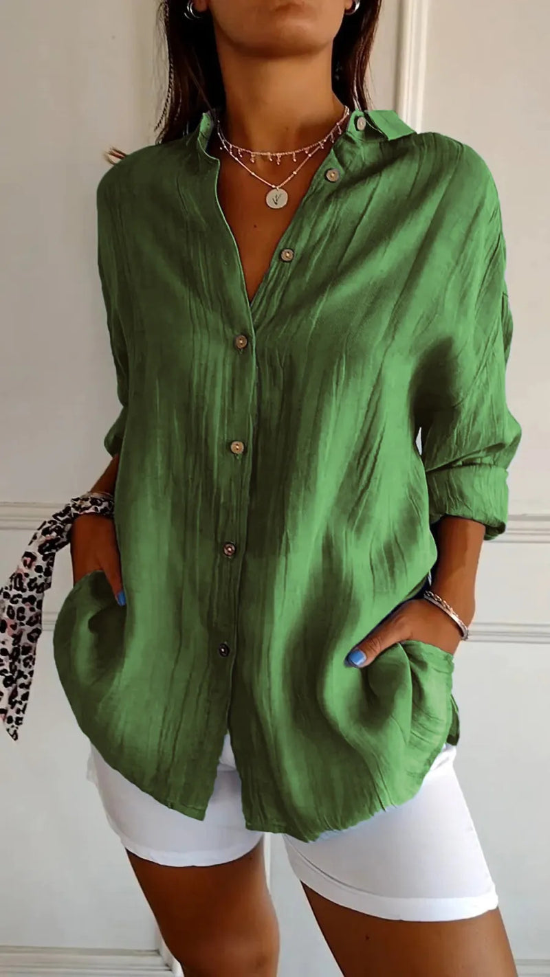 Long-sleeved shirt with lapel and single-button pleats