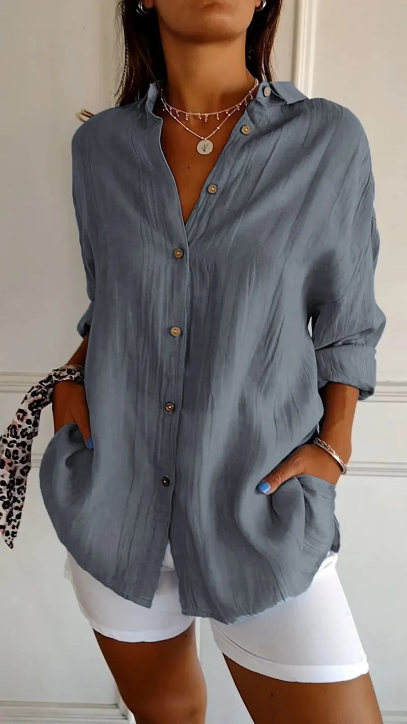 Long-sleeved shirt with lapel and single-button pleats