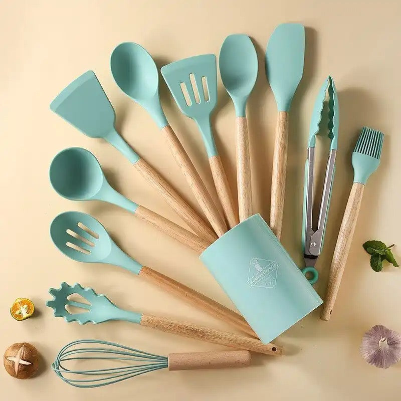 Professional Silicone Kitchen Utensils with Wooden Handle 