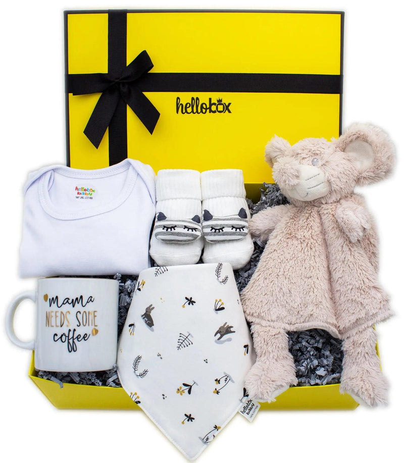 Baby gift for the birth of a boy - security blanket, anti-slip first socks, mom coffee cup, baby body (yellow)-0