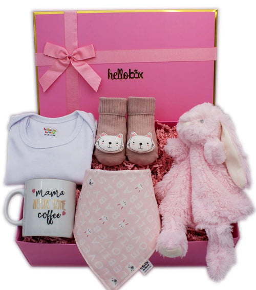 Baby gift for birth girl - security blanket, anti-slip first socks, mom coffee cup, baby body (pink)-0