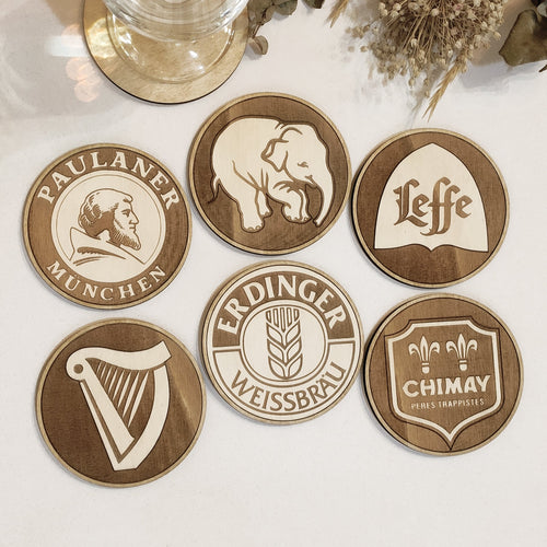 Set of 6 Beers Wooden Coasters - Handmade Gift - Housewarming - Wood Kitchenware-0