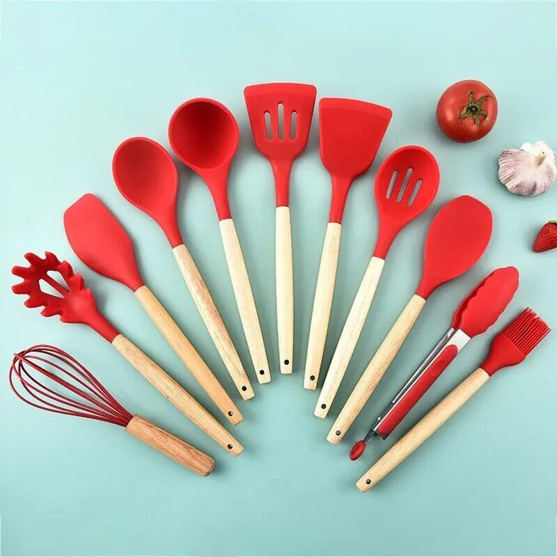 Professional Silicone Kitchen Utensils with Wooden Handle 