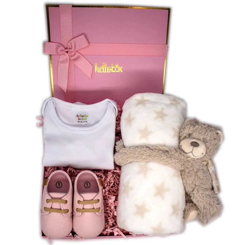 Hello box baby gift set for birth for girls, newborn gift set with first walker shoes, baby blanket, cuddly toy pink girl-0