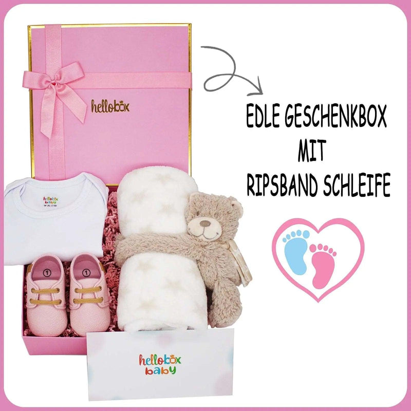 Hello box baby gift set for birth for girls, newborn gift set with first walker shoes, baby blanket, cuddly toy pink girl-1