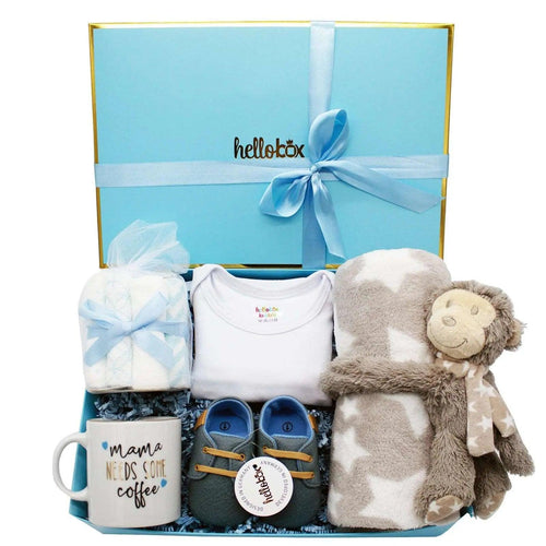 Hellobox Gifts for newborns with baby blanket, cuddly toy (17 pieces) (Blue/White/Grey) Boy-0