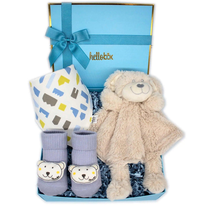 Hellobox comfort blanket, anti-slip first socks and bib baby gift for birth boy (blue)-0