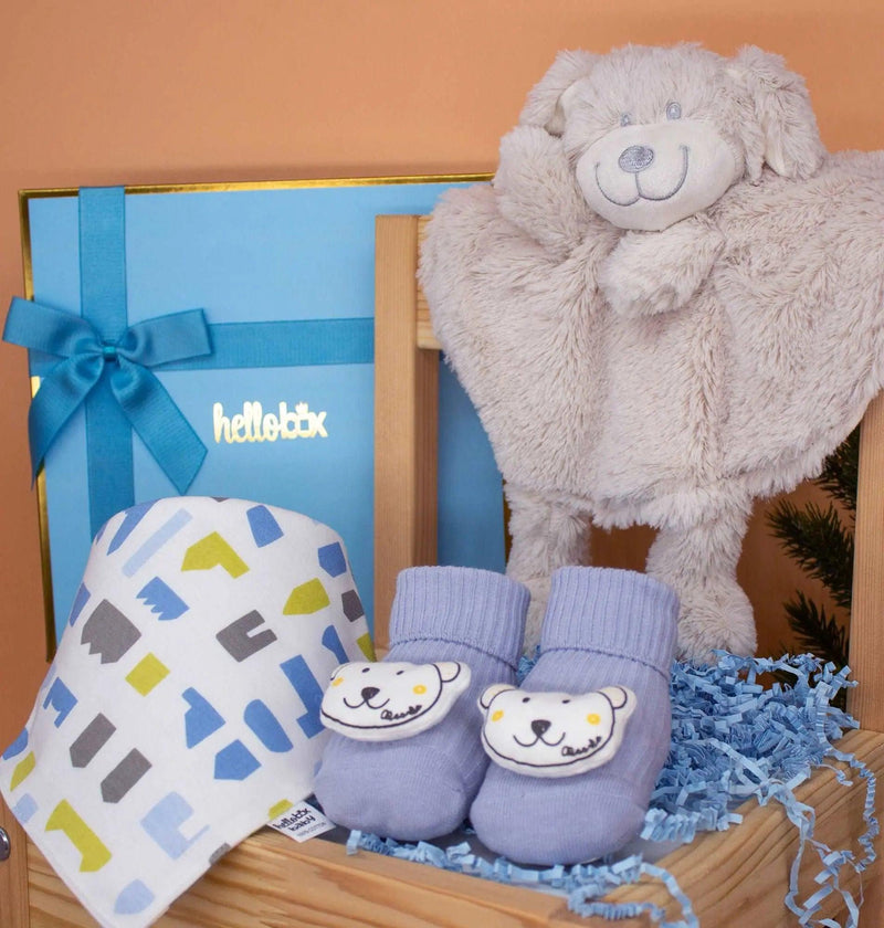 Hellobox comfort blanket, anti-slip first socks and bib baby gift for birth boy (blue)-3