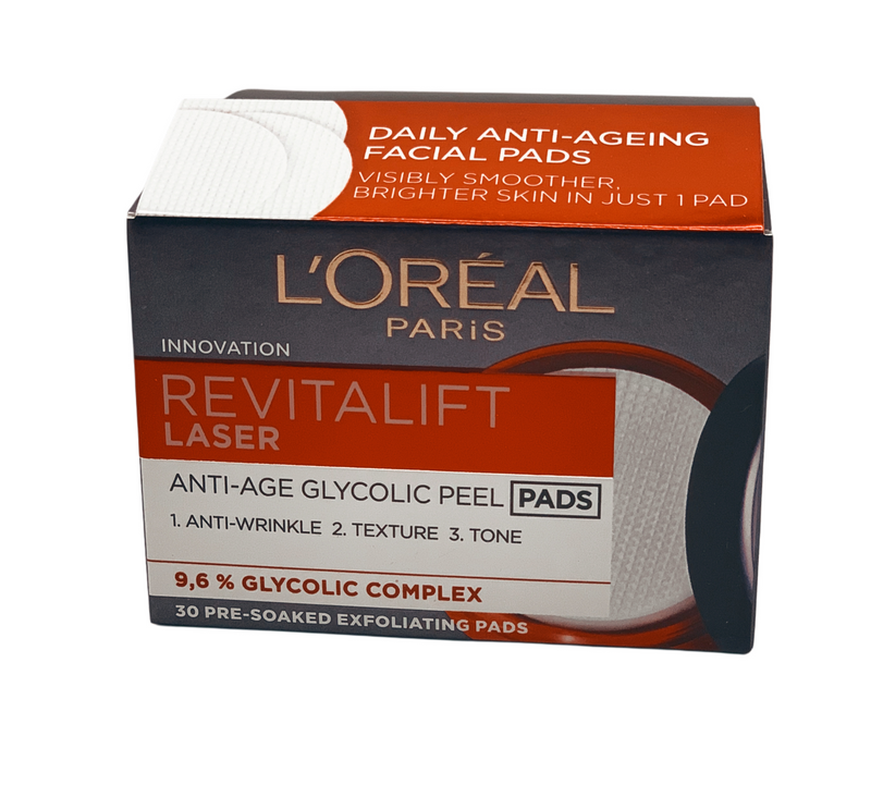 Almohadillas Exfoliantes Antienvejecimiento Loreal Revitalift Laser Renew con Ácido Glicólico - Paquete de 30