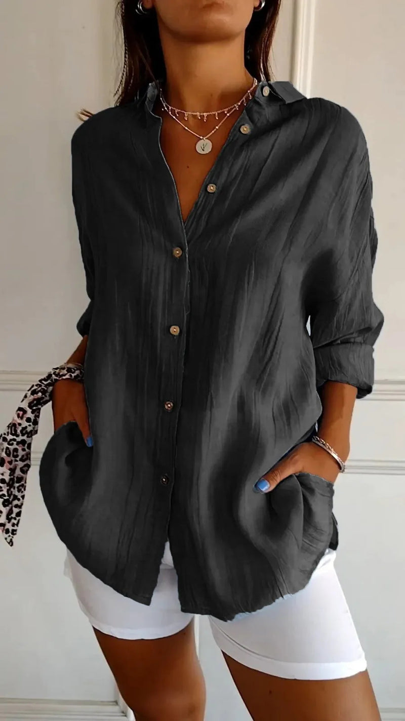 Long-sleeved shirt with lapel and single-button pleats