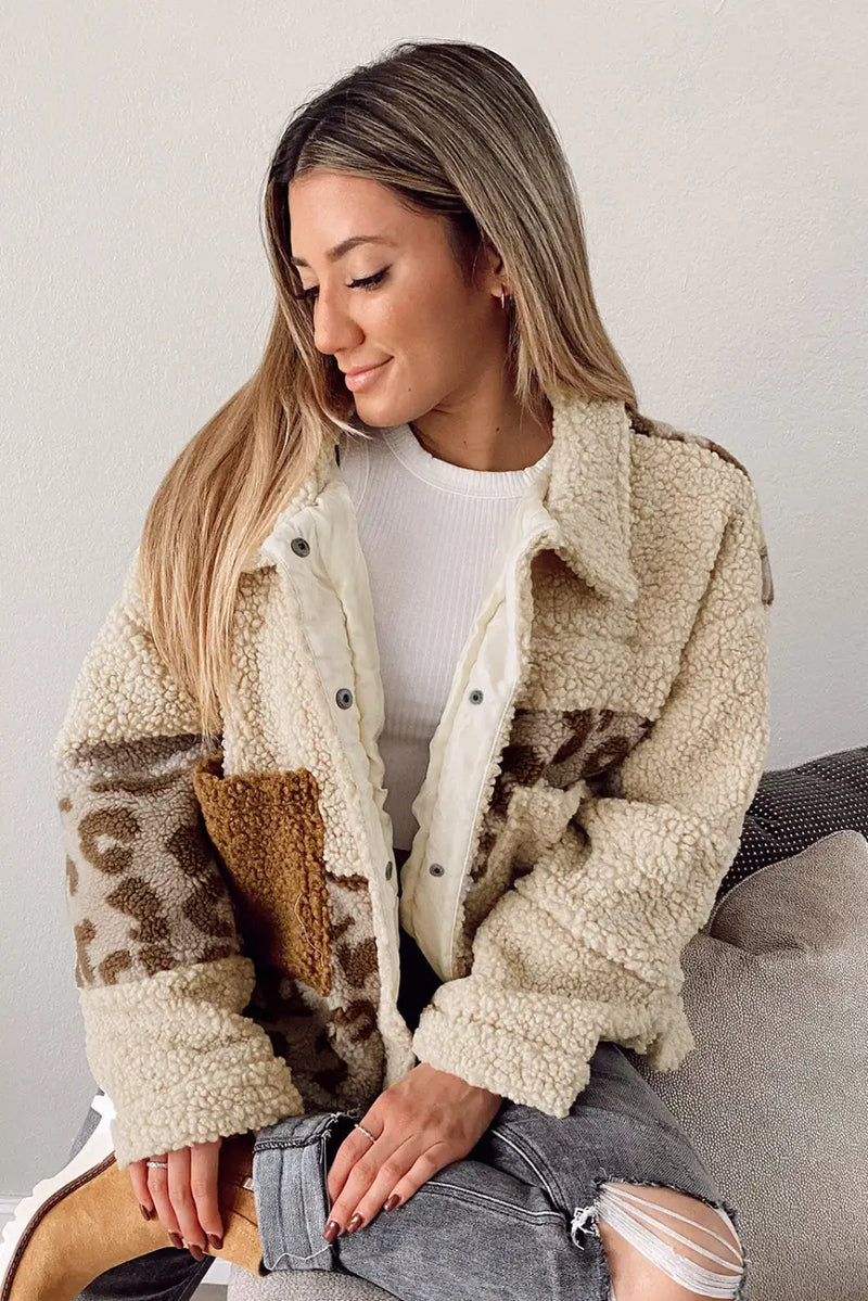 Beige Leopard Patchwork Snap Buttons Sherpa Jacket-2