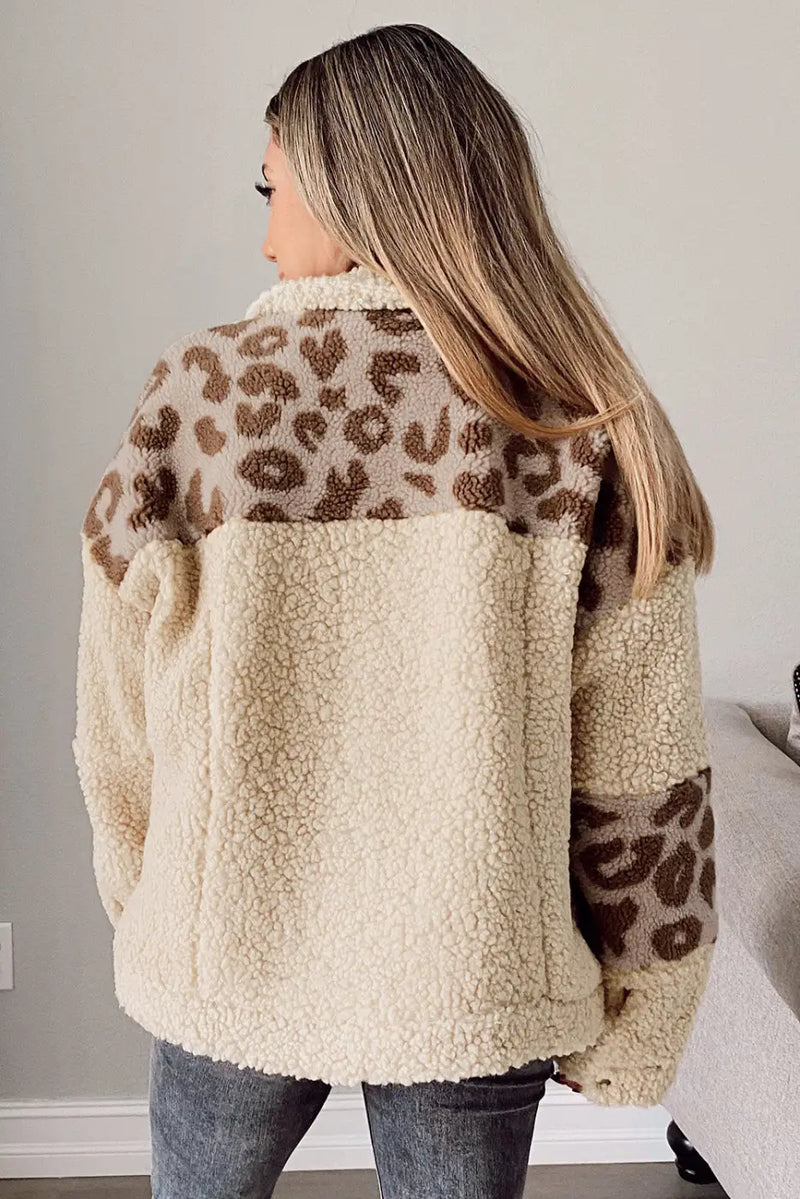 Beige Leopard Patchwork Snap Buttons Sherpa Jacket-1