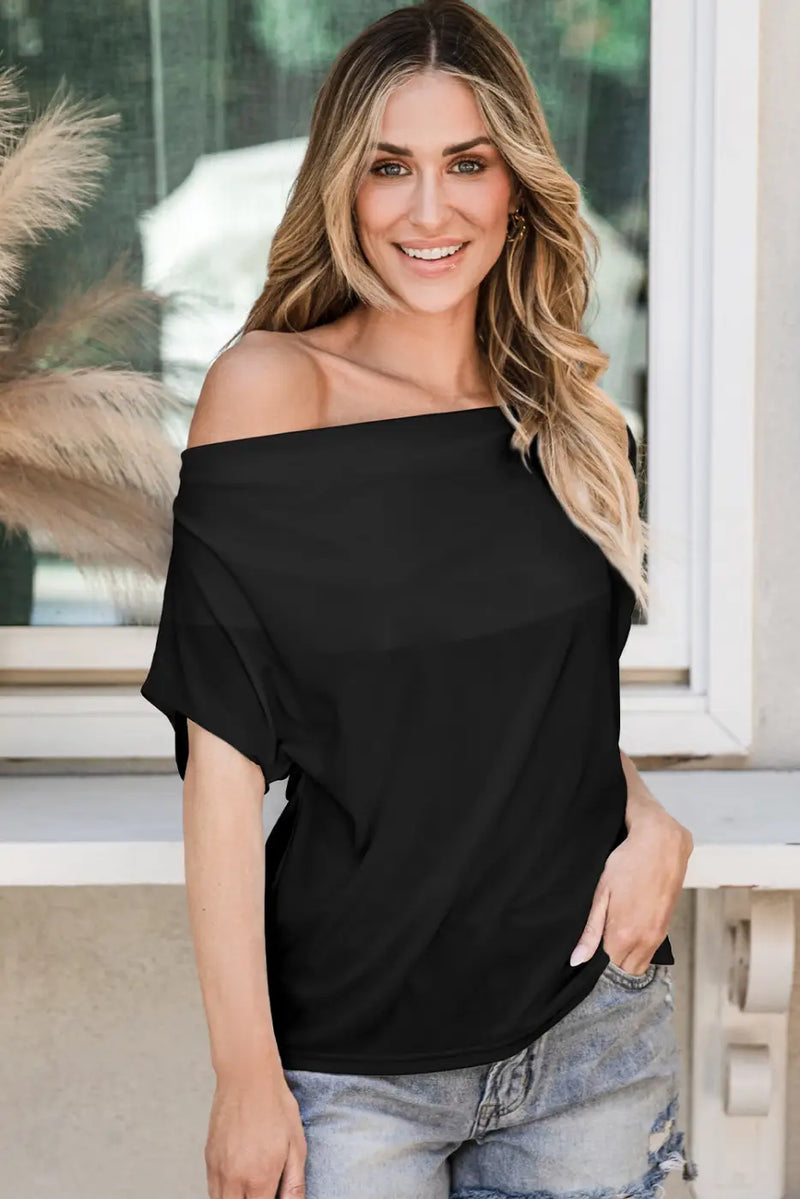 Black Cowl Neck Bat Sleeve T Shirt-4