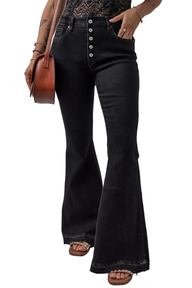 High Waist Button Front Flare Jeans - Black-4