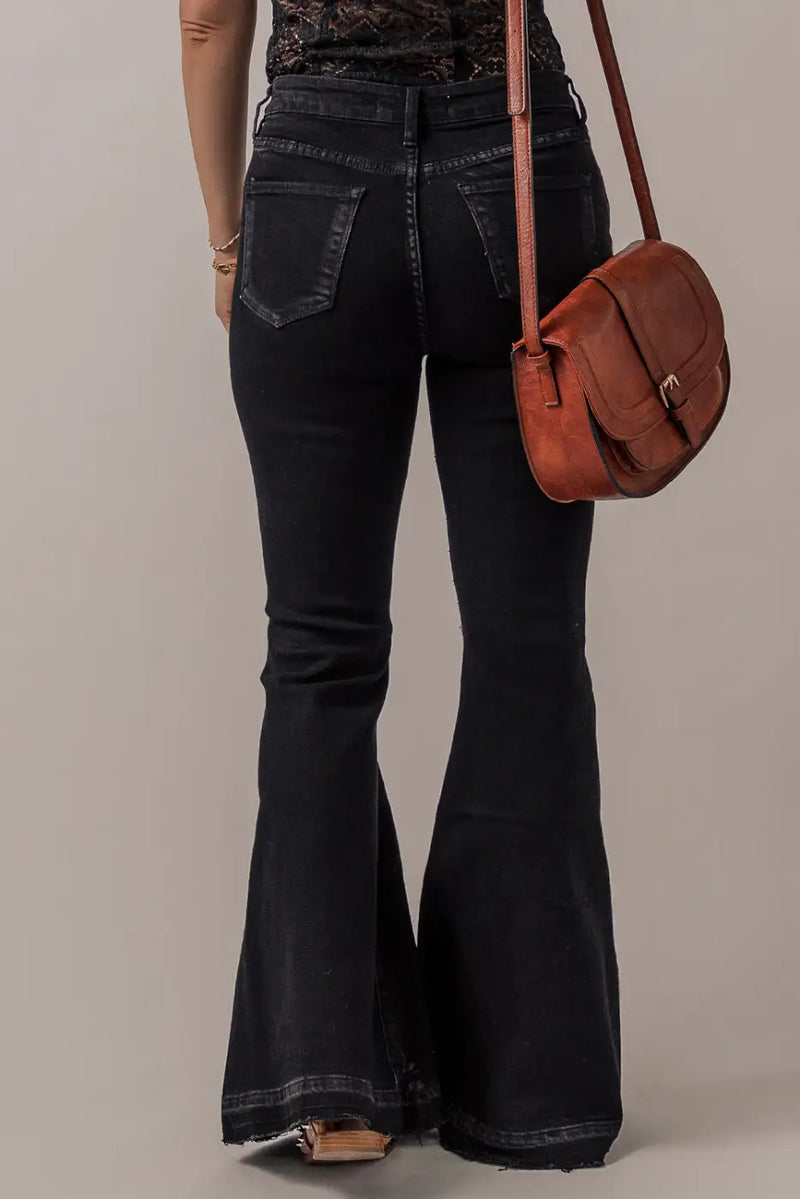 High Waist Button Front Flare Jeans - Black-1