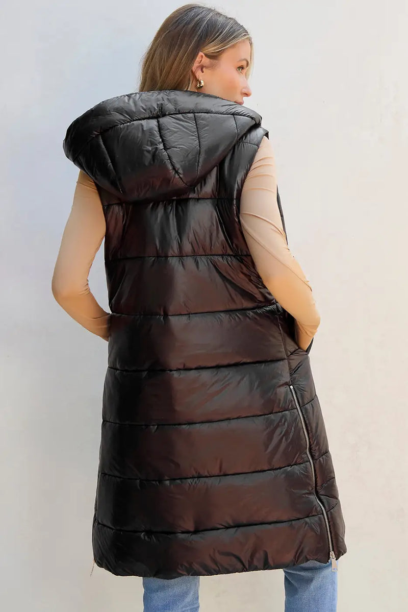 Black Hooded Long Quilted Vest Coat-1