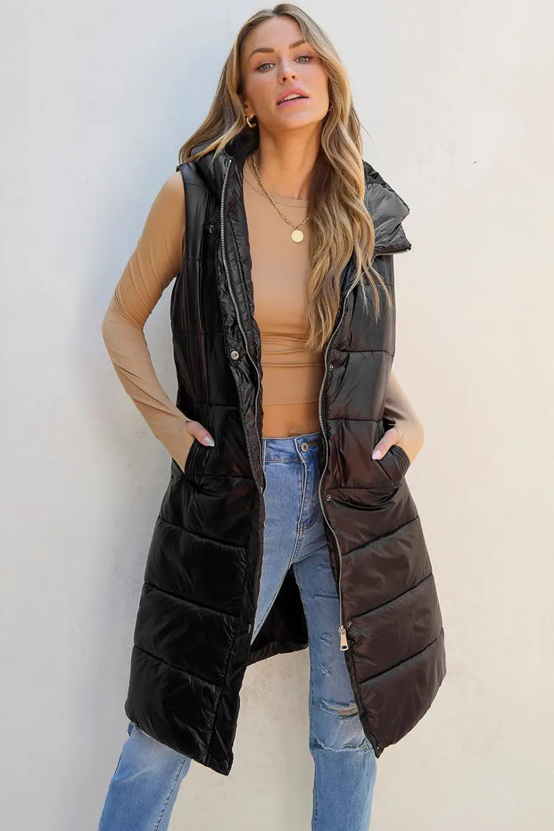 Black Hooded Long Quilted Vest Coat-3