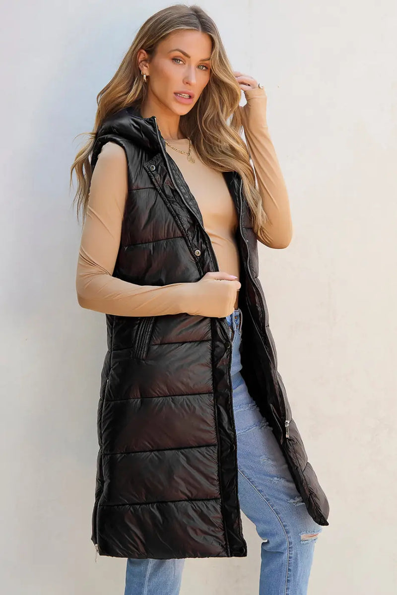 Black Hooded Long Quilted Vest Coat-2