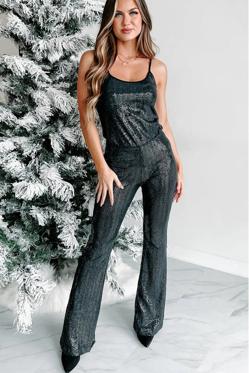 Black Sequined Tank Top and Flare Pants Set-3