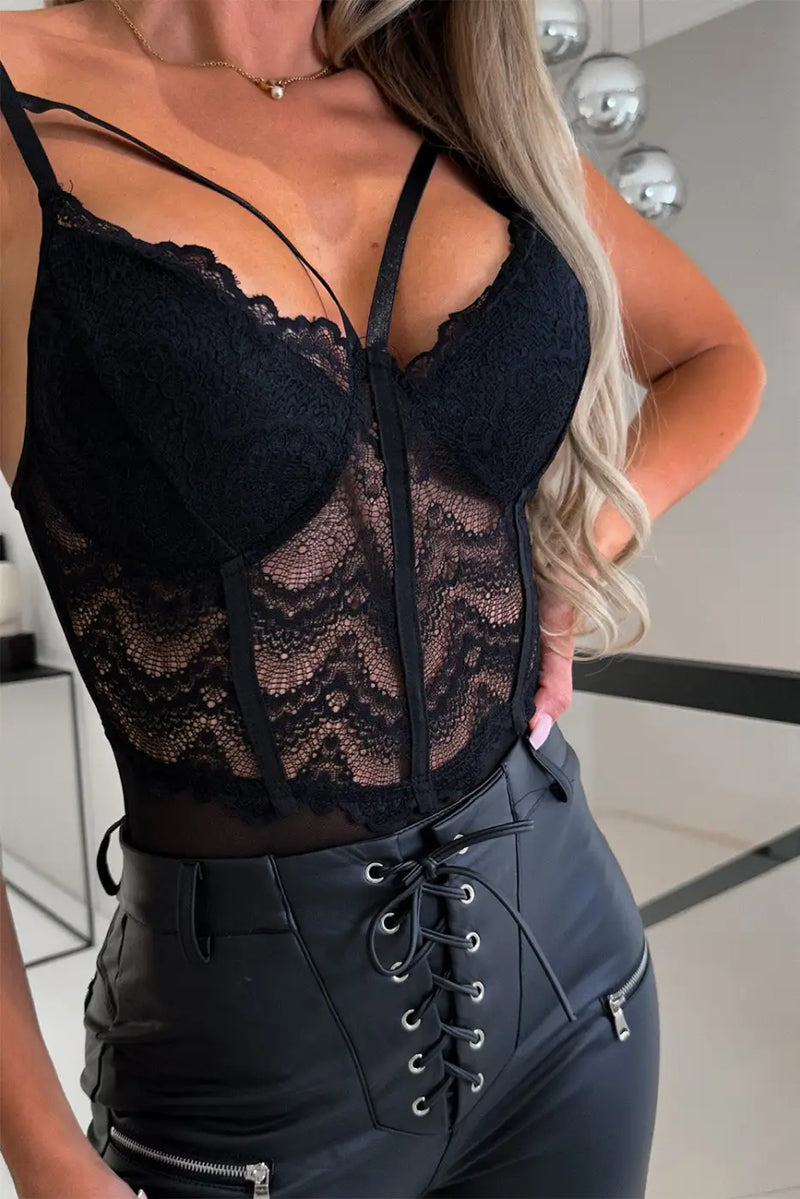 Spaghetti Straps Lace Bodysuit - Black-3