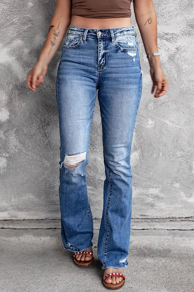 Blue Distressed Flare Jeans-0