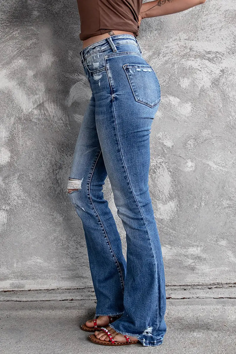 Blue Distressed Flare Jeans-2