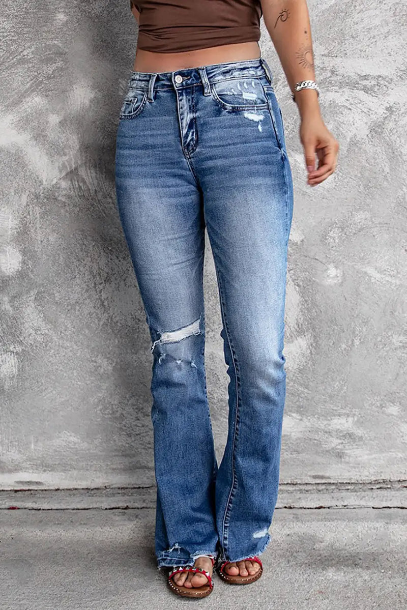 Blue Distressed Flare Jeans-3