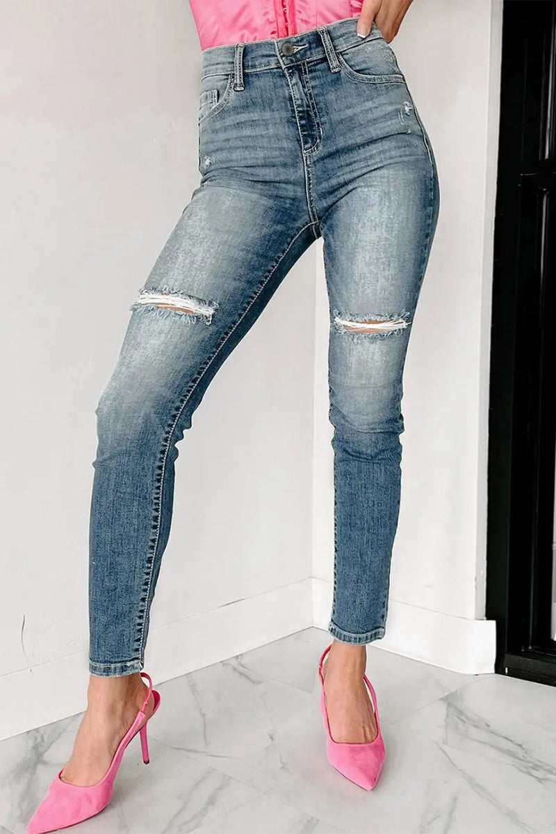 Blue Distressed Ripped Skinny Jeans-3