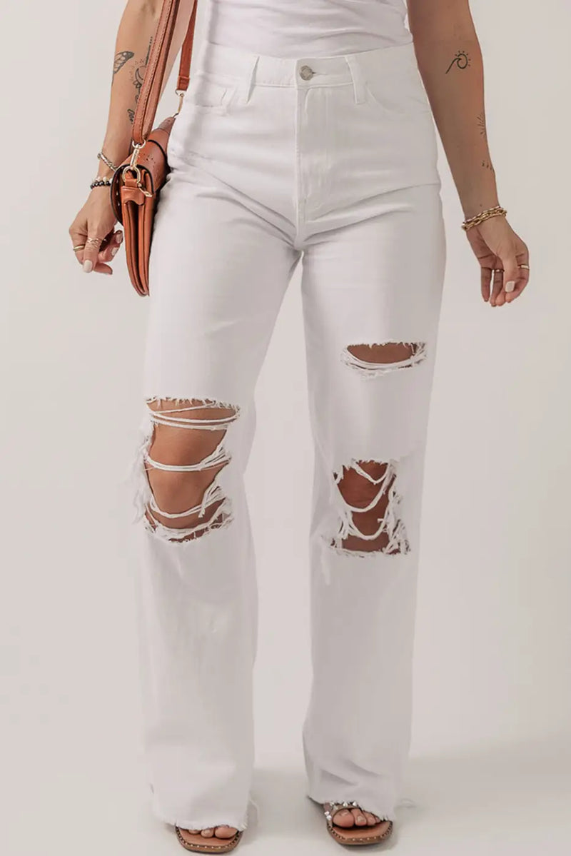 Distressed Straight Leg Jeans - White-0