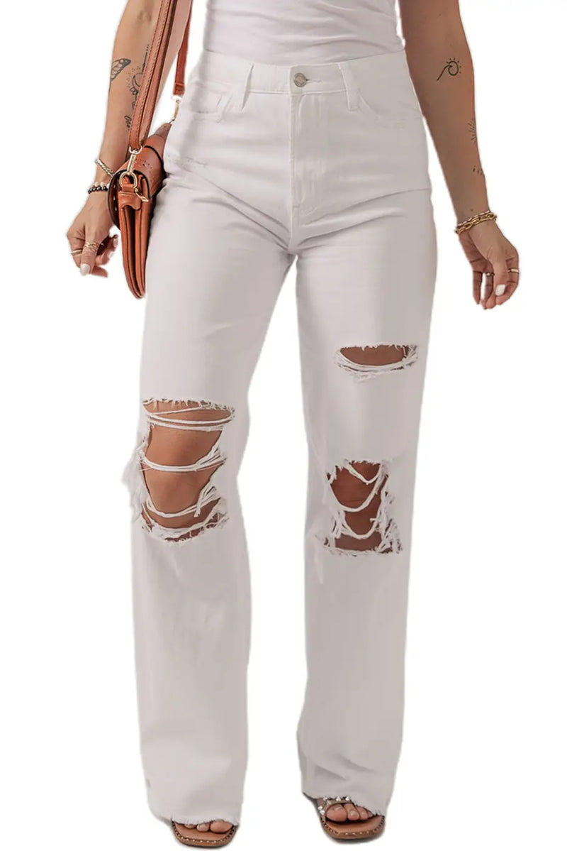 Distressed Straight Leg Jeans - White-4