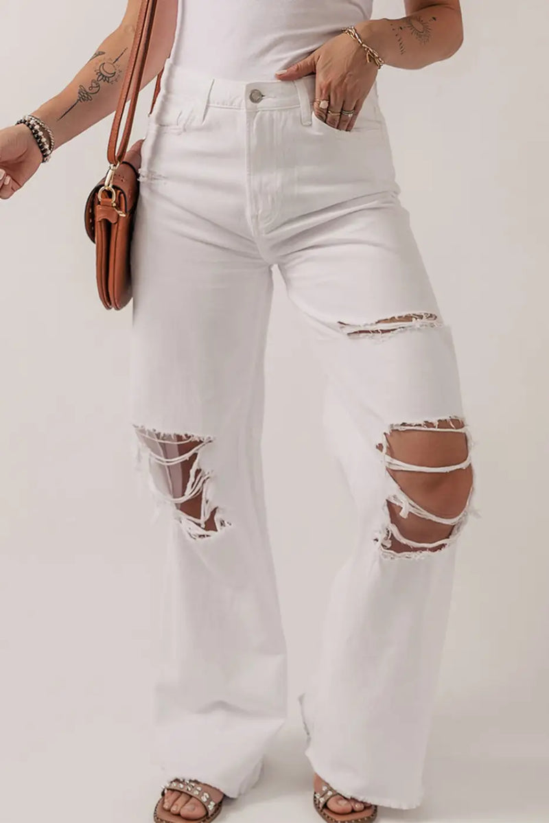 Distressed Straight Leg Jeans - White-3