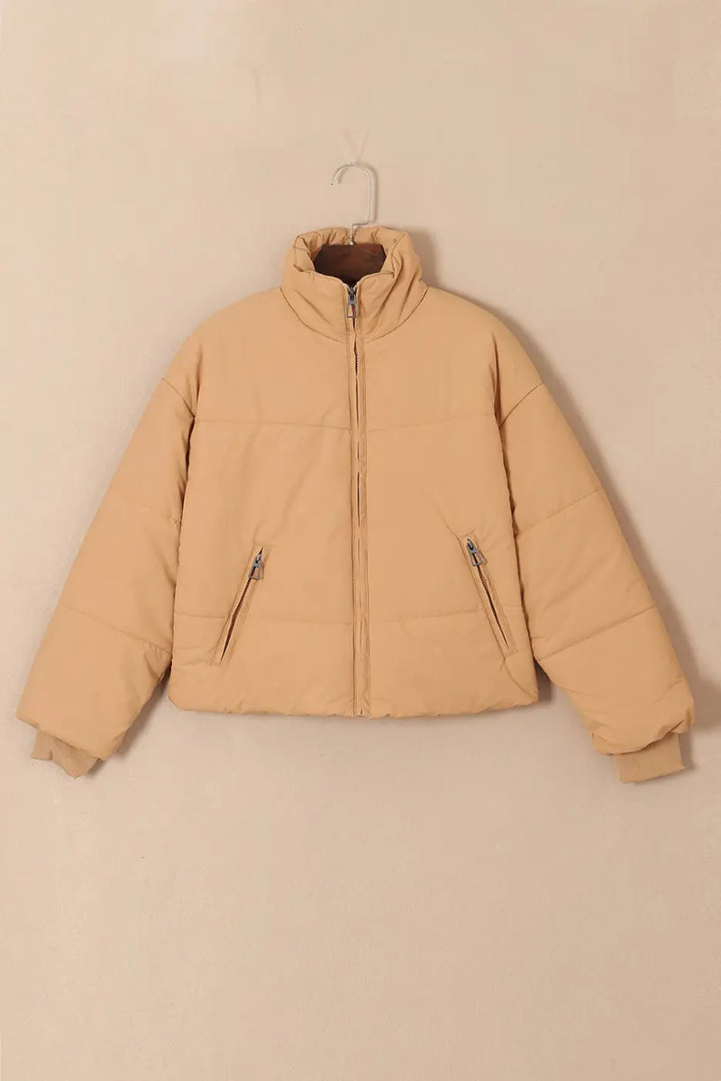 Brown Zip Up Pocketed Puffer Coat-4