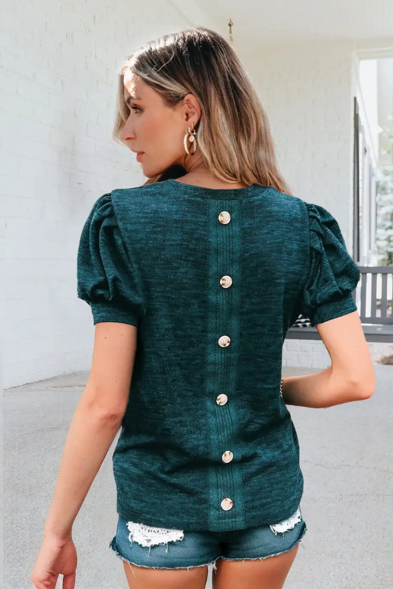 Button Back Puff Short Sleeve Top-1