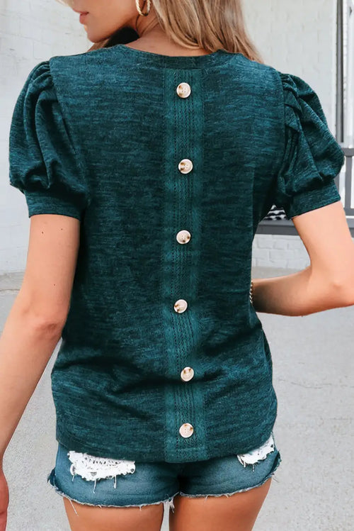 Button Back Puff Short Sleeve Top-0