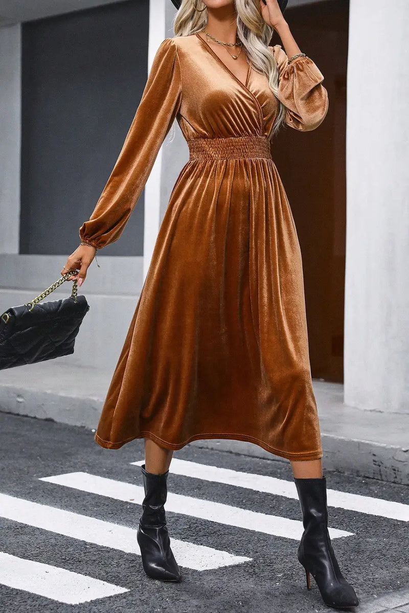 Camel Smocked Waist Velvet Midi Dress - Wrap V-Neck-4