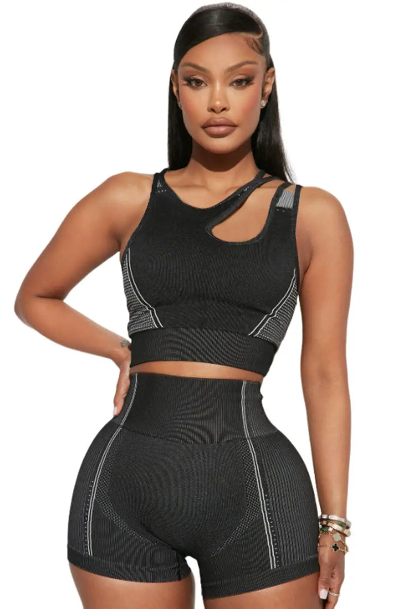 Cutout Bra and Shorts Set - Black-4