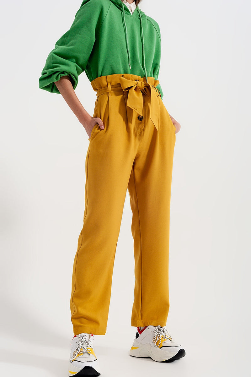 High Waist Belted Paperbag Trousers in Yellow-0