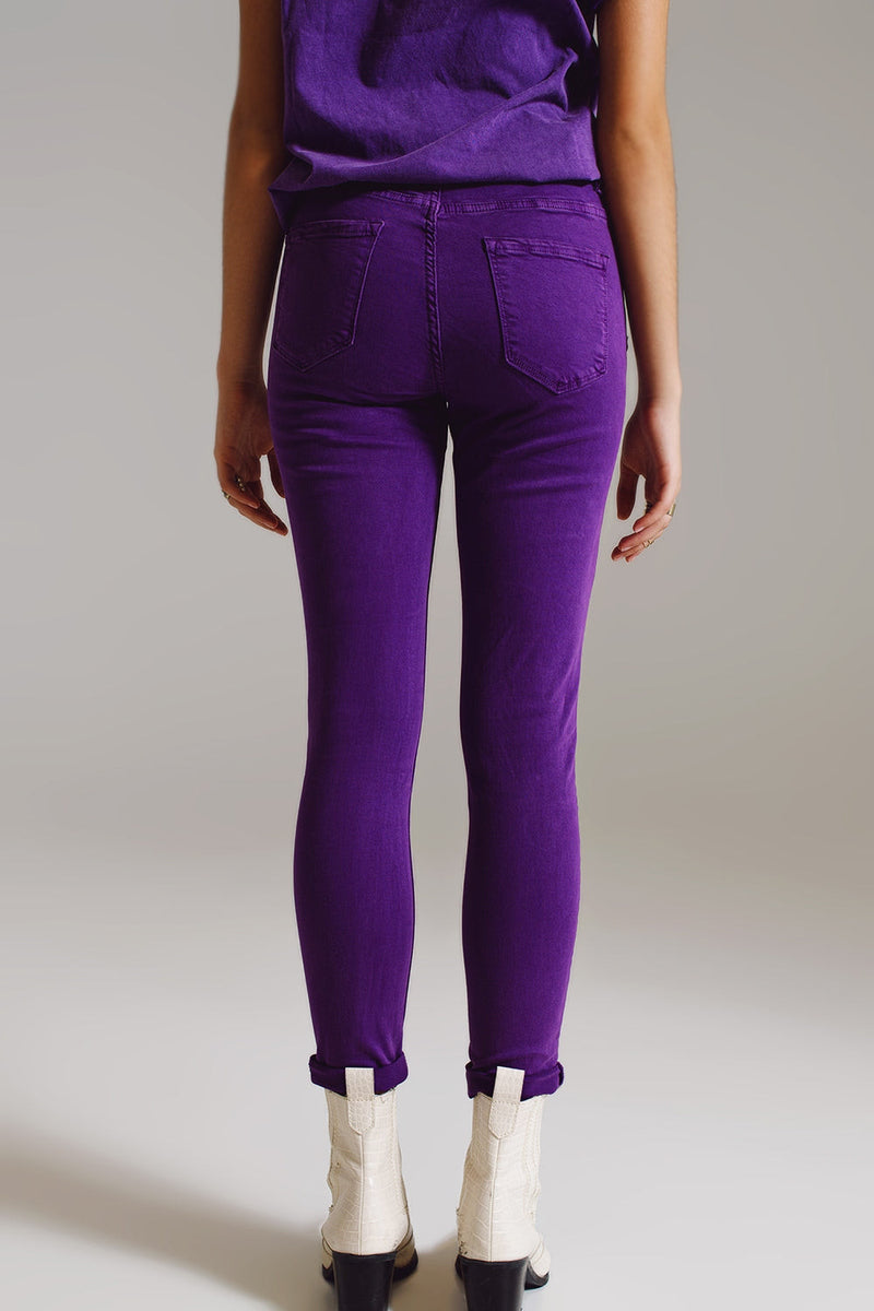 Purple Ankle Skinny Jeans With Soft Wrinkles-1