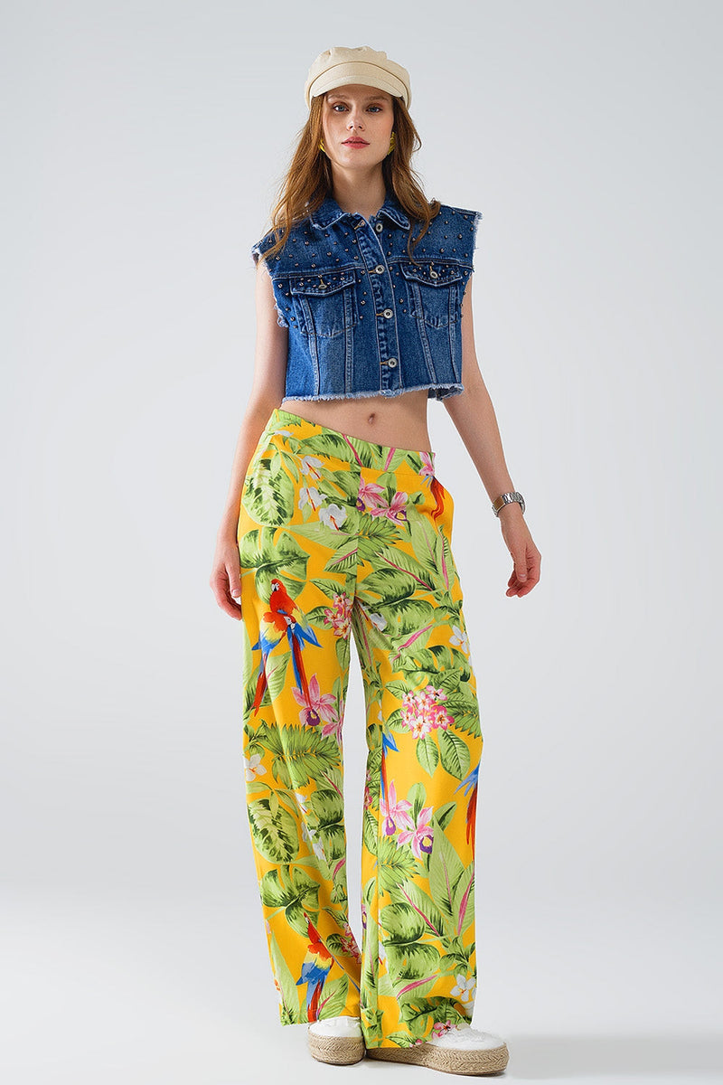 Yellow Pants With Tropical Print With Zip Side-3