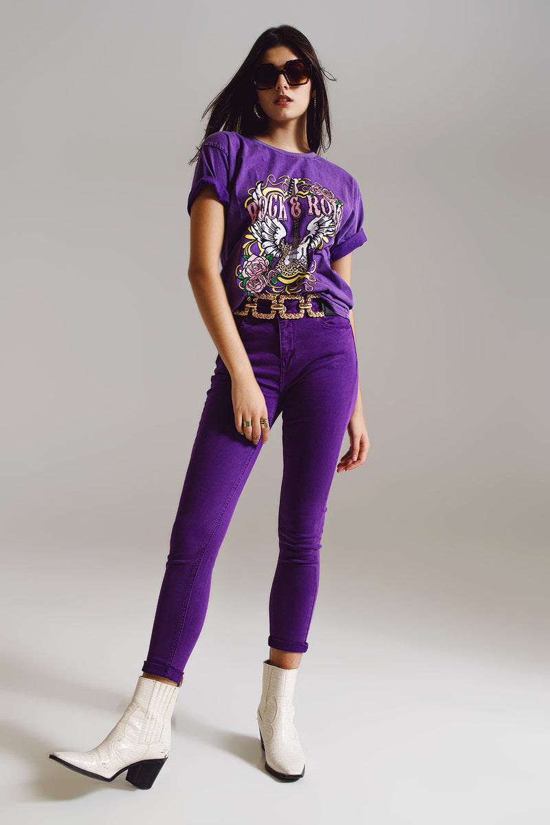 Purple Ankle Skinny Jeans With Soft Wrinkles-2