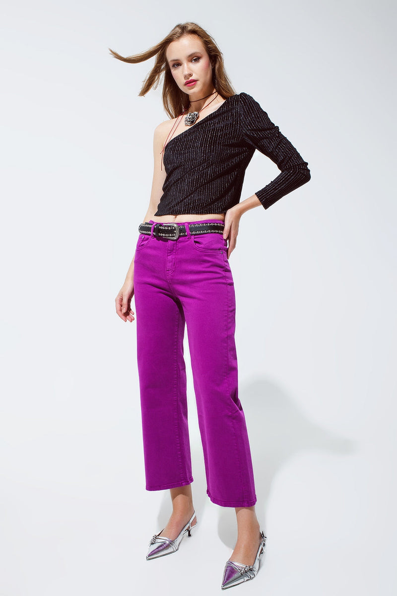 Cropped Wide Leg Jeans in Violet 3/4 Length-2