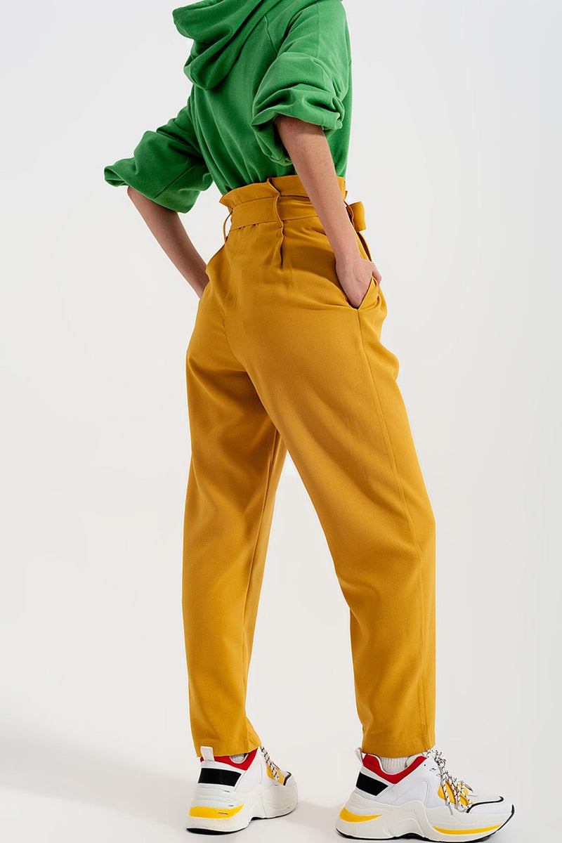 High Waist Belted Paperbag Trousers in Yellow-5