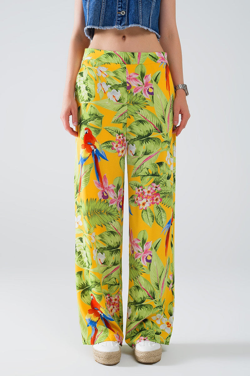 Yellow Pants With Tropical Print With Zip Side-1