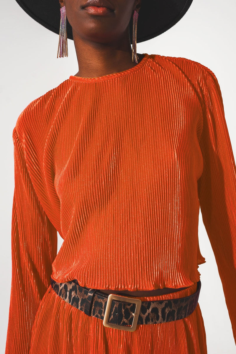 Pleated Round Neck Crop Top in Orange-4