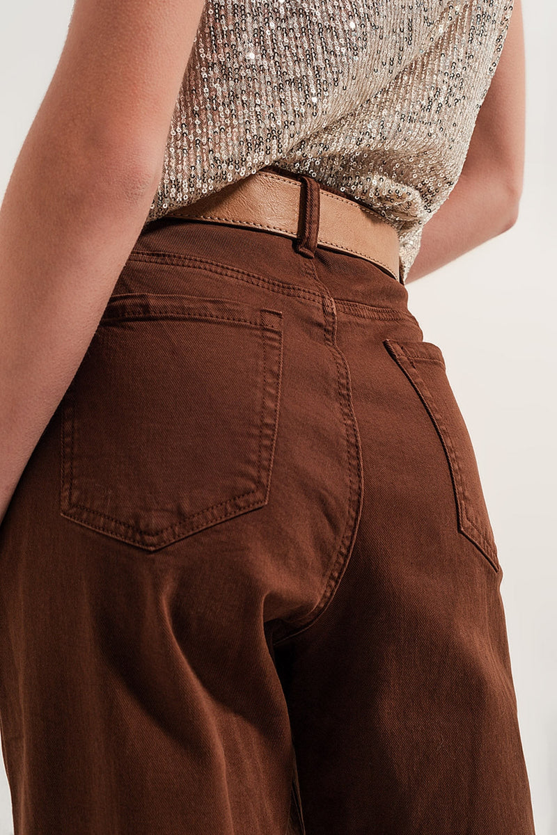 High Rise Mom Jeans With Pleat Front in Brown-3