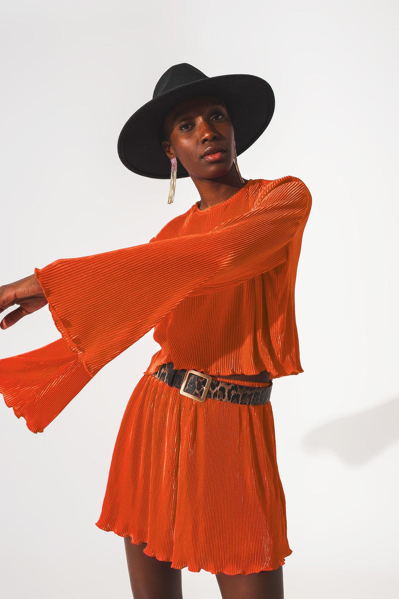 Pleated Round Neck Crop Top in Orange-2