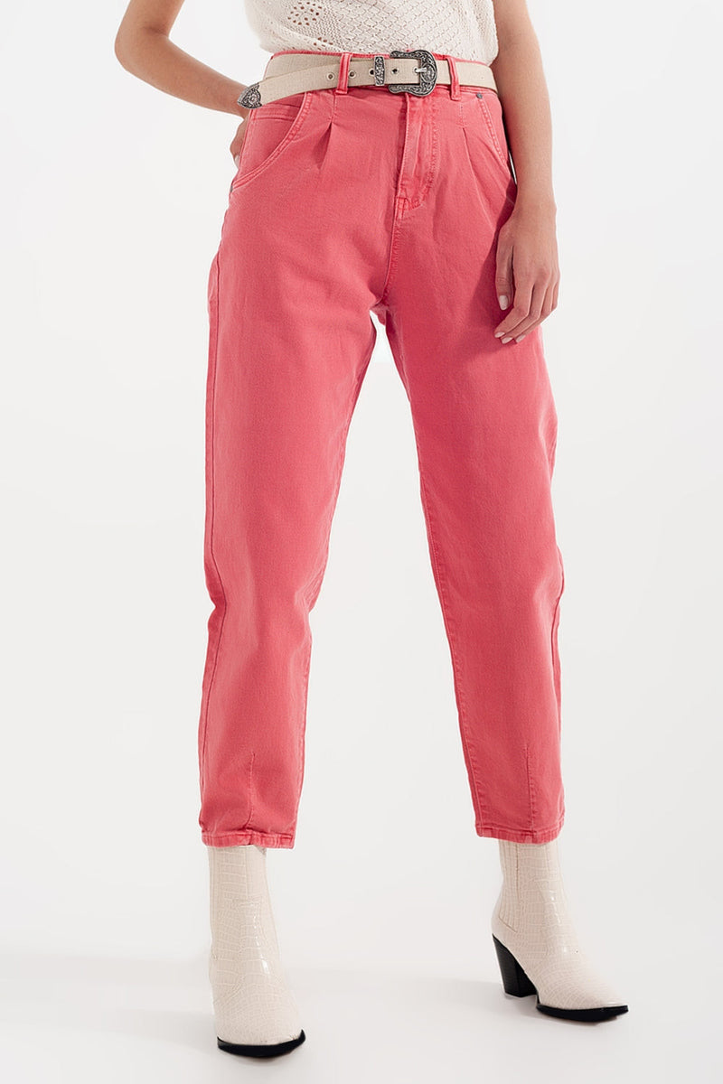 High Rise Mom Jeans With Pleat Front in Pink-0