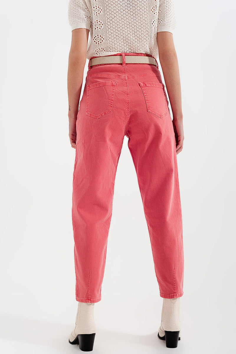 High Rise Mom Jeans With Pleat Front in Pink-4